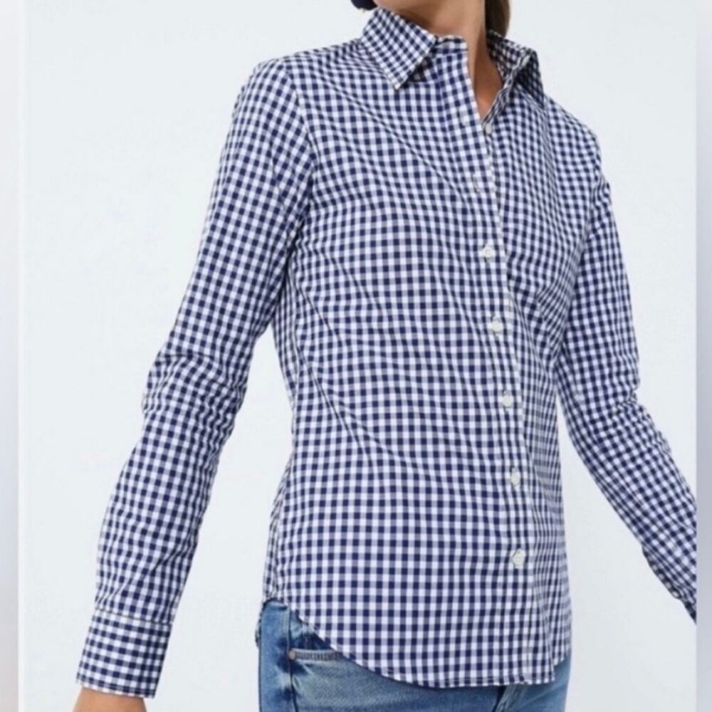 Untuckit Belleza Gingham Checkered Button Down Top Women's 10 Navy White